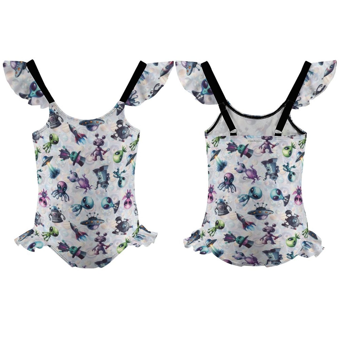6 Alien Designs, Girls One-Piece Summer Swimsuit, Ruffle Shoulder