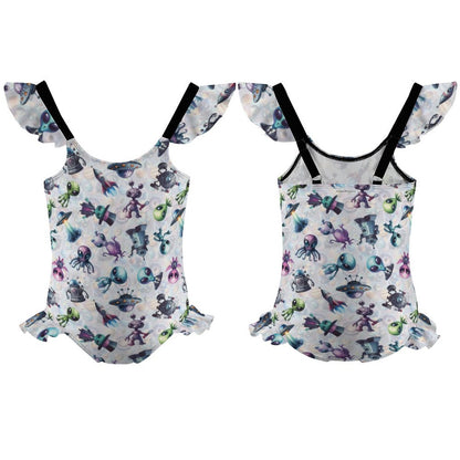 6 Alien Designs, Girls One-Piece Summer Swimsuit, Ruffle Shoulder