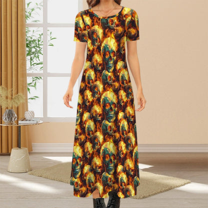 Fire & Skulls Crew Neck Short Sleeve Maxi Dress