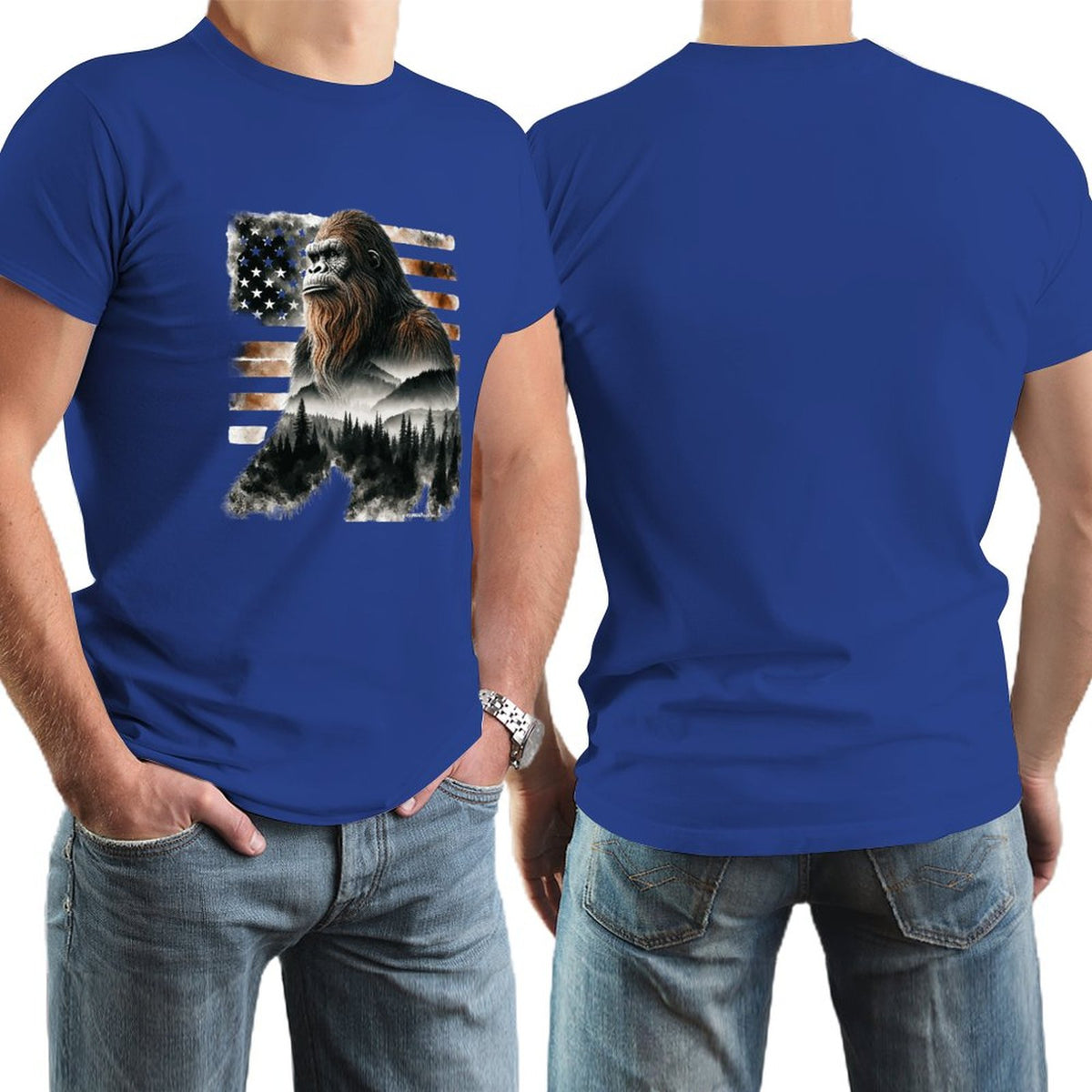 Sasquatch, Bigfoot w flag, Short Sleeve cotton T-shirt