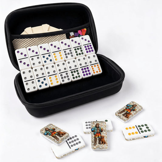 Bigfoot & Dog at Beach Double 12 Mexican Train Dominoes Set