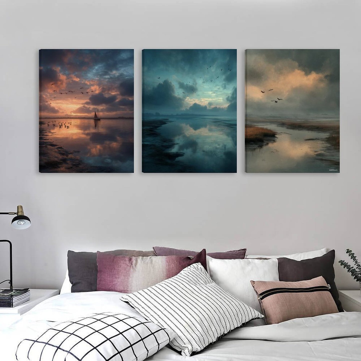 Water Sunsets, Canvas Wall Art - 12”x 16” or 18”x24” (x 3) - Made In USA
