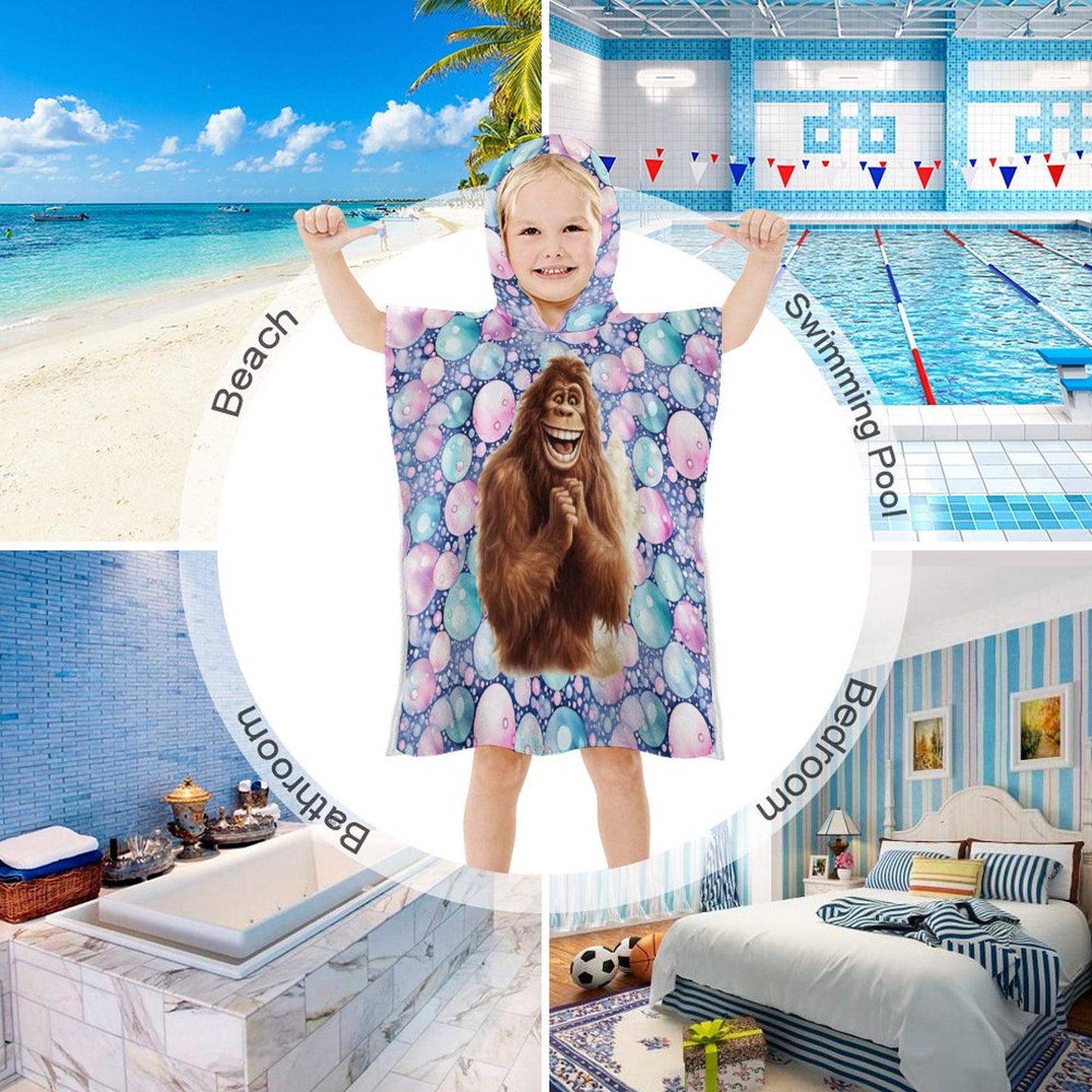 Bigfoot, Sasquatch Themed, Hooded Terry Cloth Pullover Towel for Kids, Children