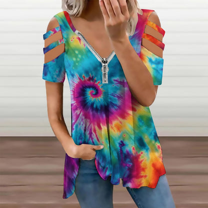 19 Tie Dye Designs, Women's Zipper T-Shirts, cold shoulder shirt