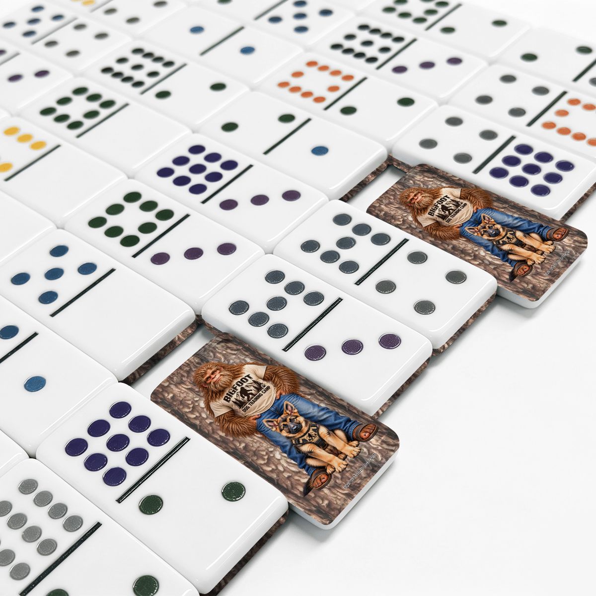 Bigfoot & Dog Double 12 Mexican Train Dominoes Set