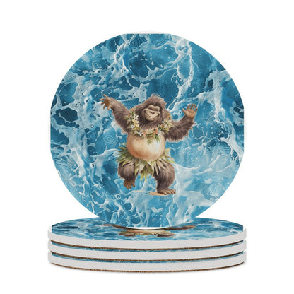 Sasquatch Hula On the Beach Round Ceramic Coaster