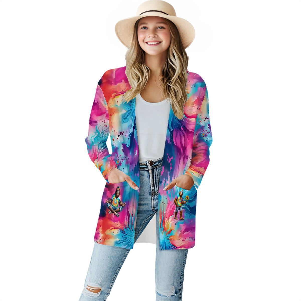 Hippie Tie Dye Bigfoot Sasquatch, Women's Long-Sleeved Cardigan