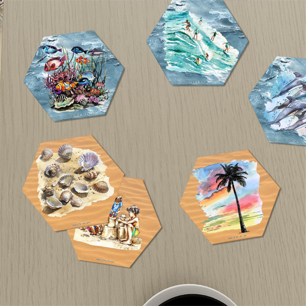 Beach Themed, 6 Ceramic Coasters w metal stand