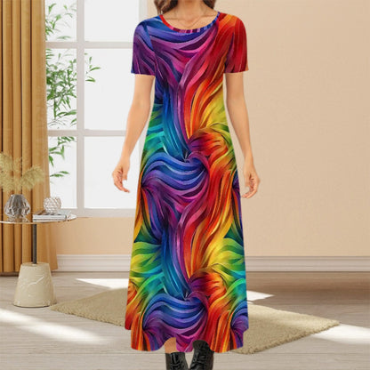 Rainbow Design Crew Neck Short Sleeve Maxi Dress