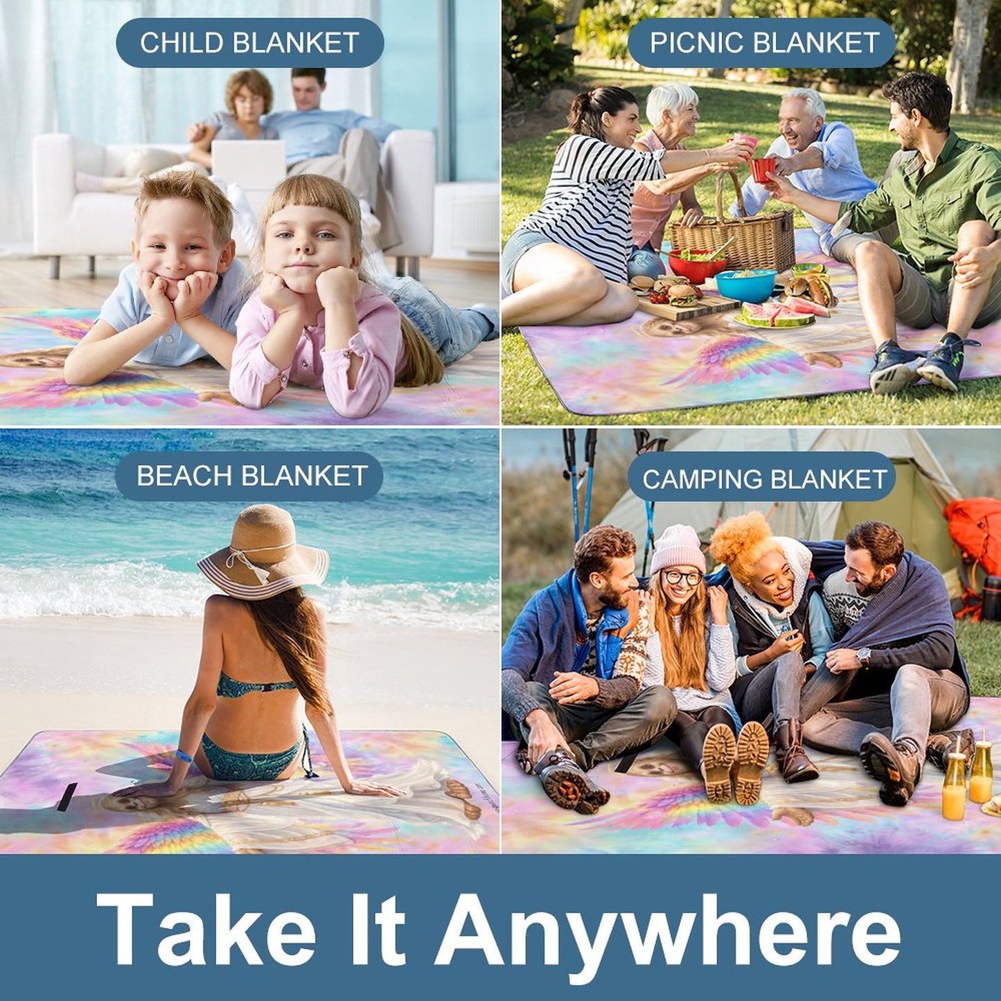 Foldable Zipper Picnic Mat- Blanket 58”x58” w/ Carry Straps