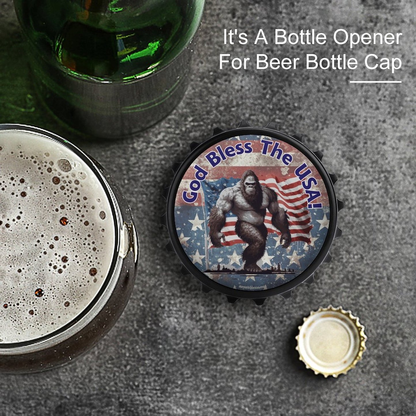 Bigfoot Sasquatch "God bless the USA", 3” Magnetic Can Opener / Coaster / Fridge Decor