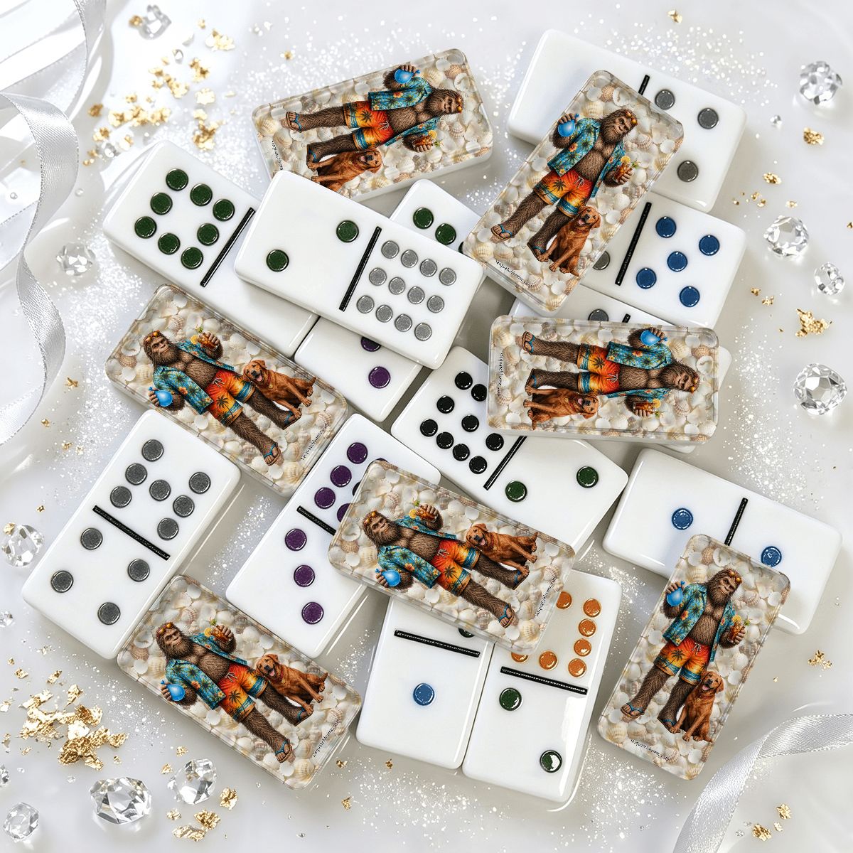Bigfoot & Dog at Beach Double 12 Mexican Train Dominoes Set