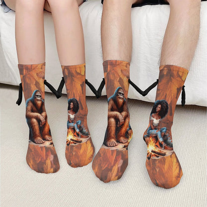 Camping Squatch and Friend Magnetic Holding Hands Funny Socks (All-Over Printing)