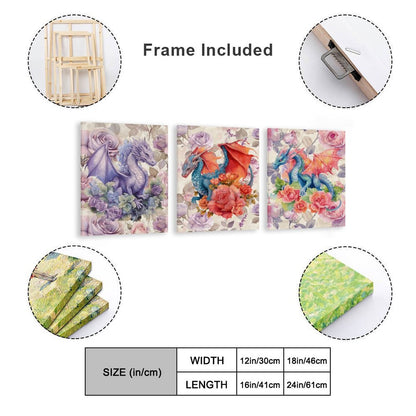 Floral Dragons, Canvas Wall Art - 12”x 16” or 18”x24” (x 3) - Made In USA