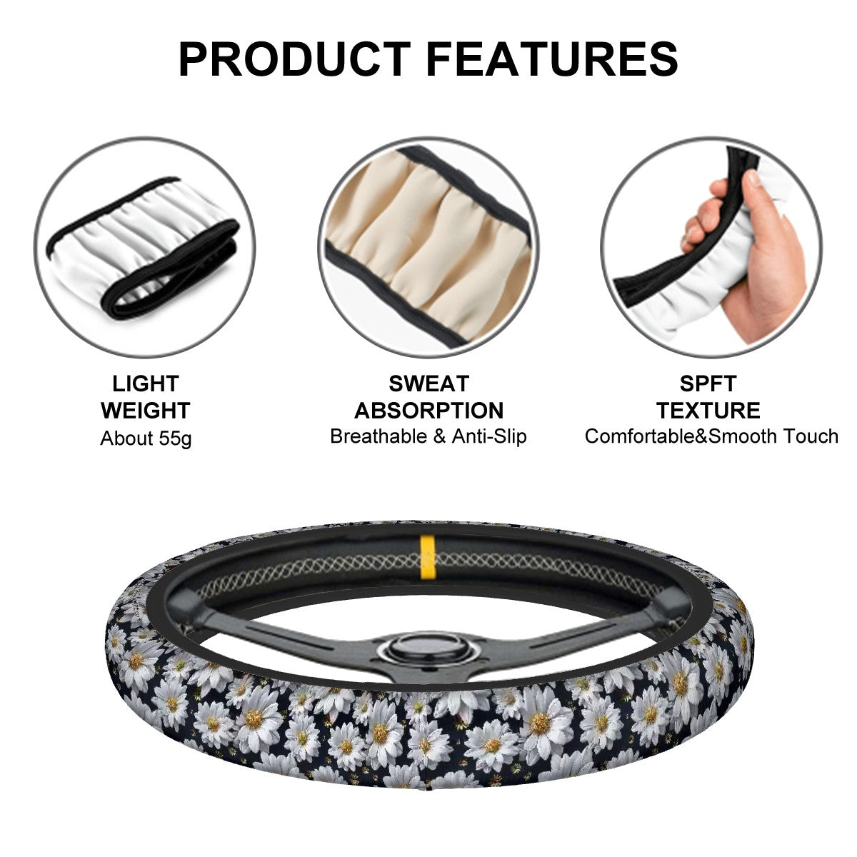 10 Flower Designs, Rugged Auto Steering Wheel Cover - 15"