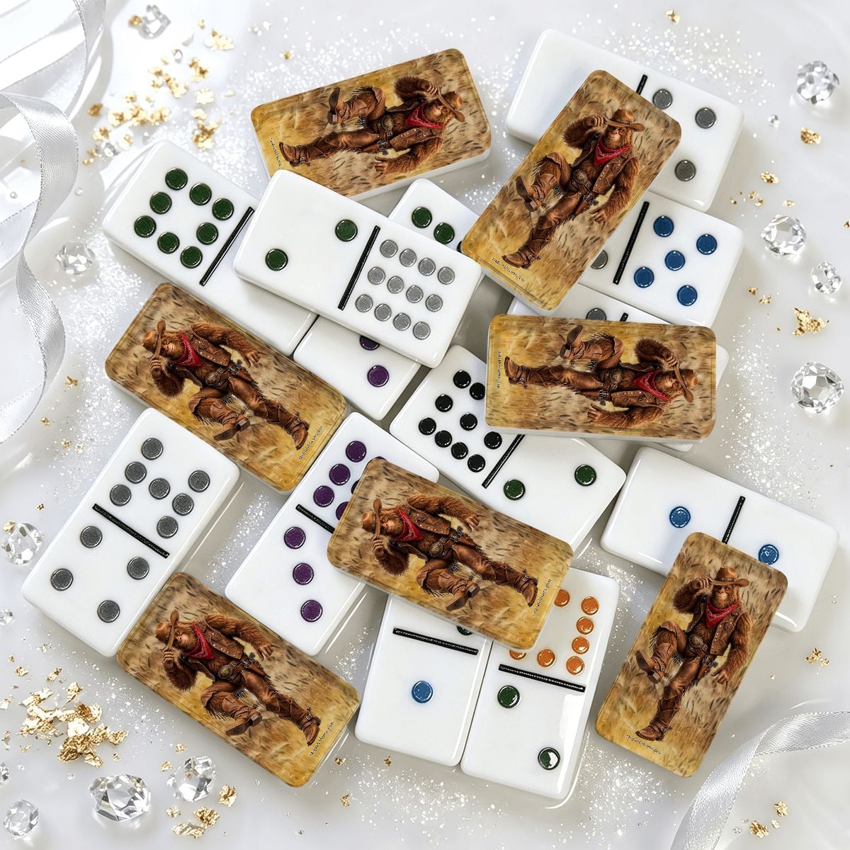 Cowboy Sasquatch Double 12 Mexican Train Dominoes Set