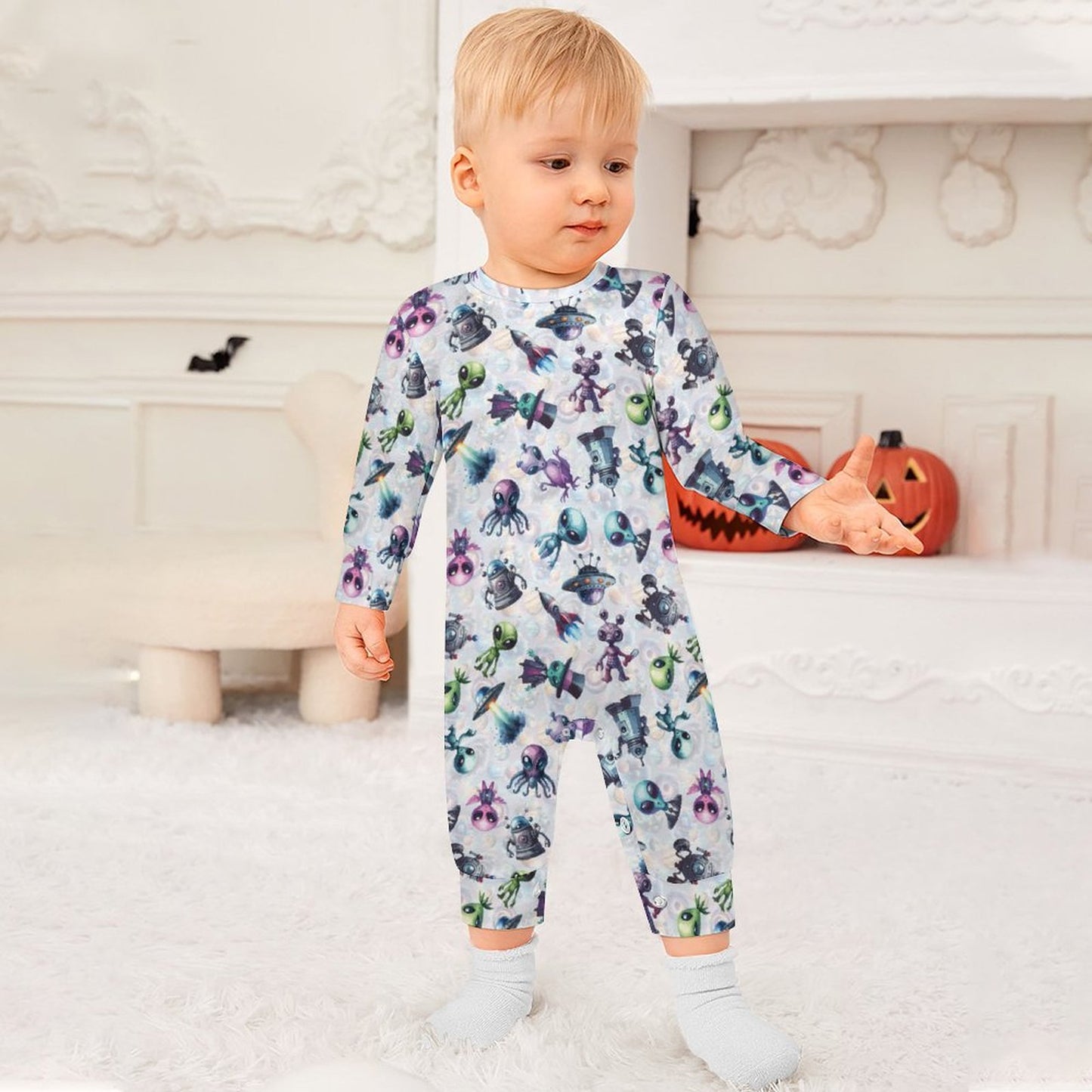 6 Alien Designs, Long Sleeve Baby / Toddler Romper, Faux Cotton