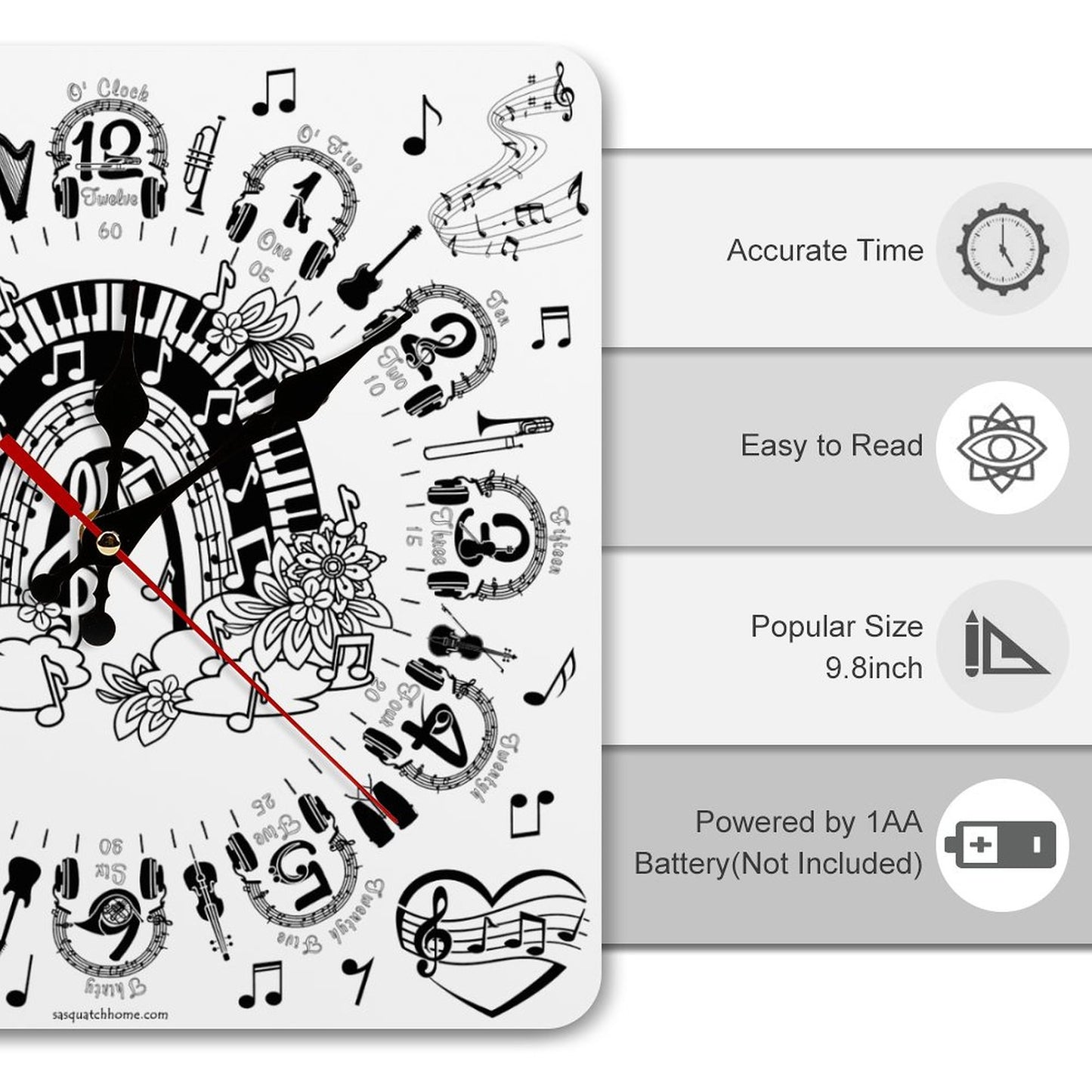 Music Themed, Square Wall Clock- Made in USA