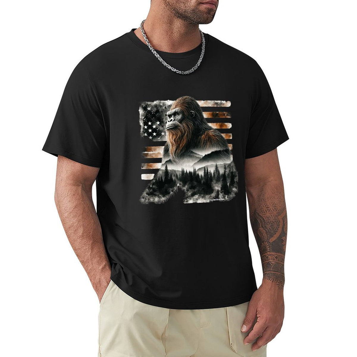 Sasquatch, Bigfoot w flag, Short Sleeve cotton T-shirt