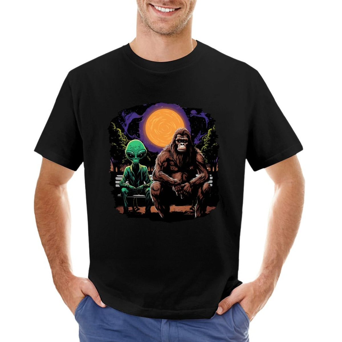 Bigfoot, Sasquatch with Alien, Short Sleeve Cotton T-shirt