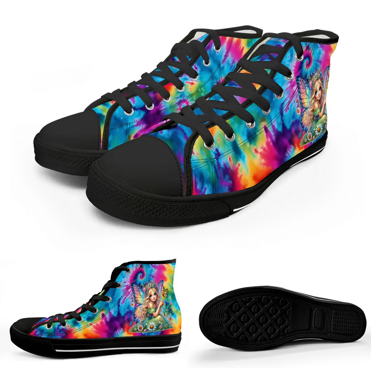 Fairies on Tie Dye, Women's High Top Canvas Shoes