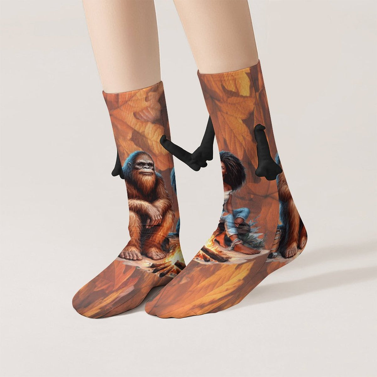 Camping Squatch and Friend Magnetic Holding Hands Funny Socks (All-Over Printing)
