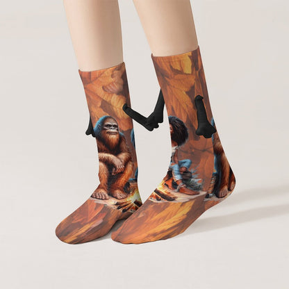Camping Squatch and Friend Magnetic Holding Hands Funny Socks (All-Over Printing)