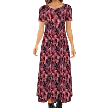 10 Flower Designs, Crew Neck Short Sleeve Maxi Dress