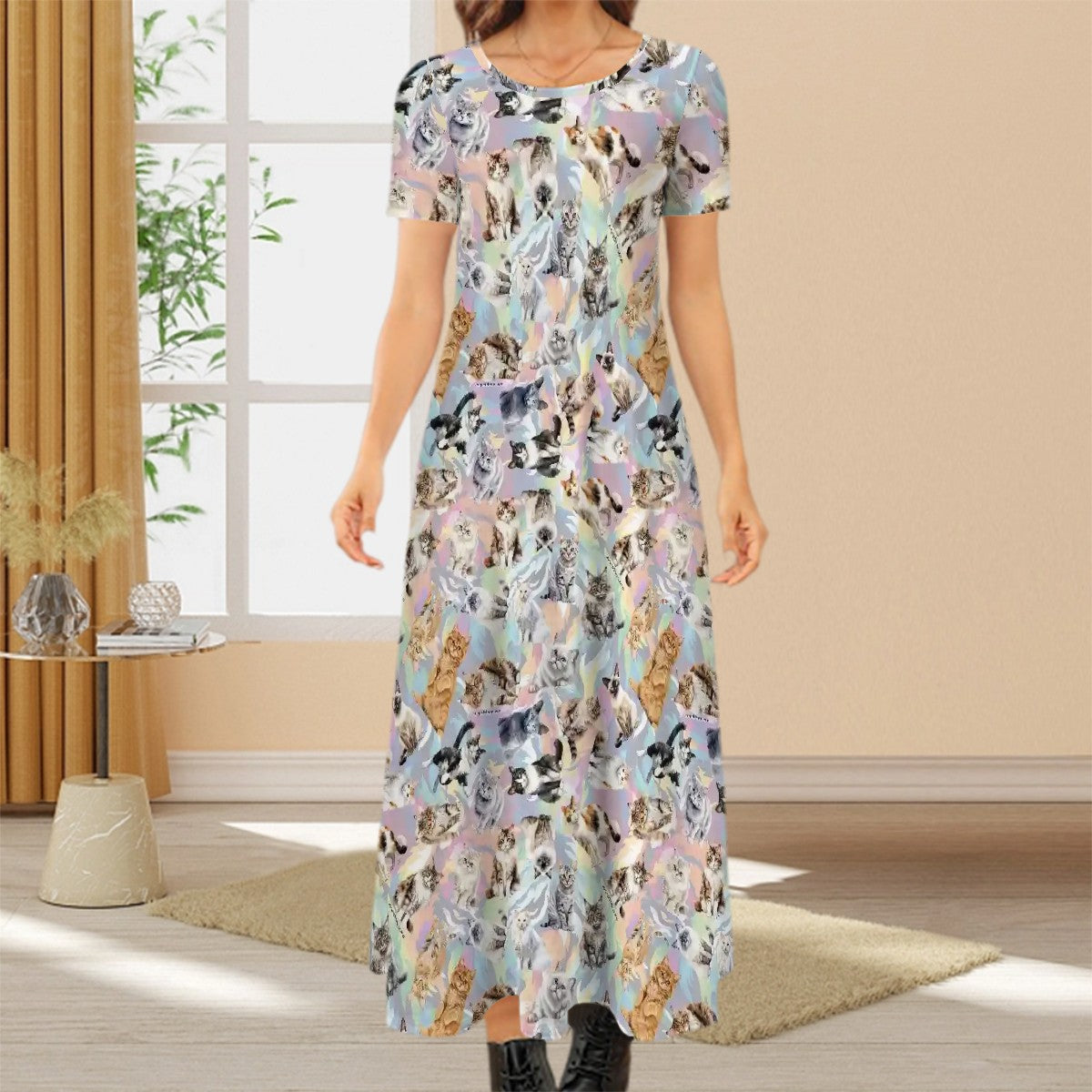 10 Animal Designs, Crew Neck Short Sleeve Maxi Dress