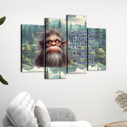 Sarcastic Sasquatch "ugly face", 4 Panels Canvas Prints Wall Art -  Set C