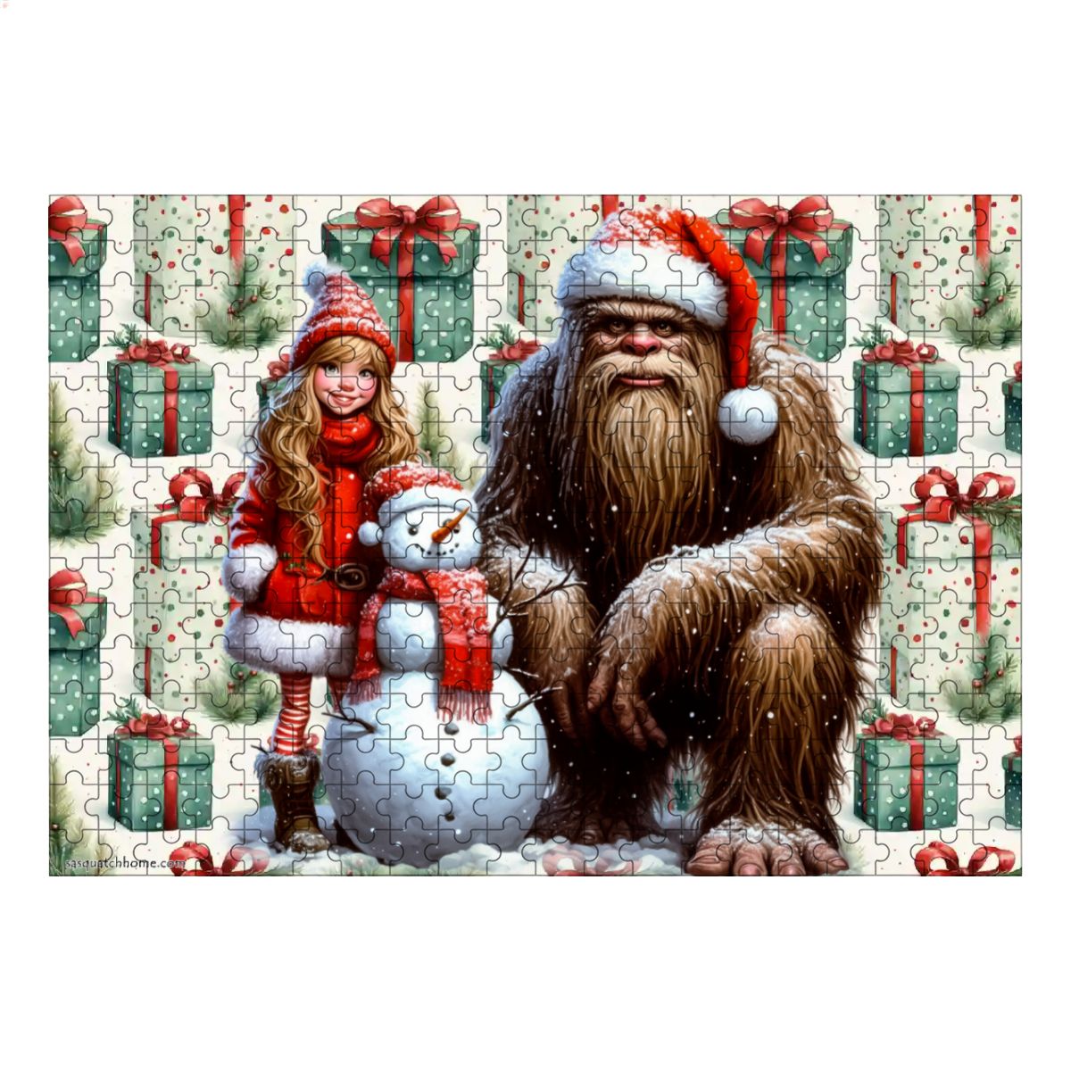 Sasquatch Snowman and Girl 2 300pcs Horizontal Wooden Jigsaw Puzzles