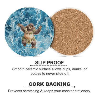 Sasquatch Hula On the Beach Round Ceramic Coaster