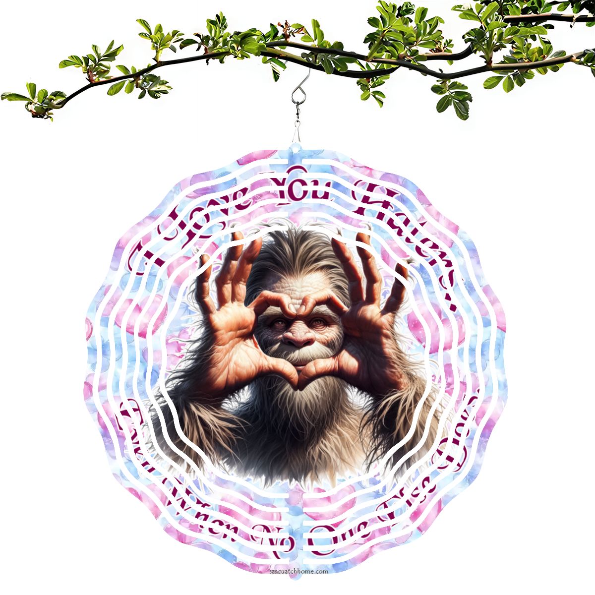 Bigfoot Sasquatch "I love you..", US Made Hanging Metal 3D Wind Spinner, Ornament - MADE IN USA