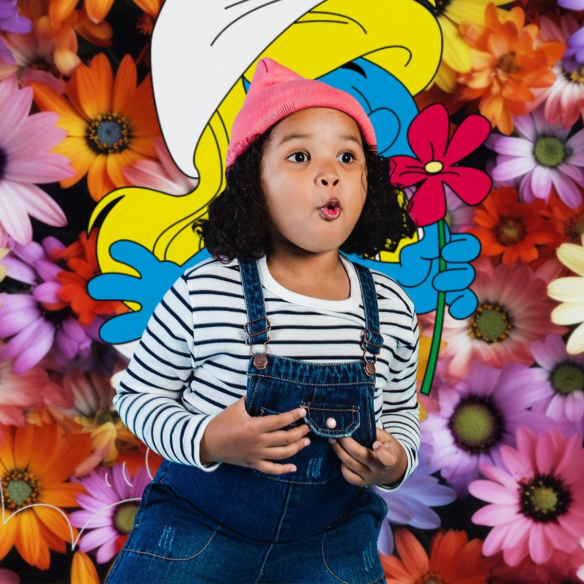 Smurfette "Smell the Flowers" Photography Backdrop-56"x79"/ 142x200cm (Excluding Frames)