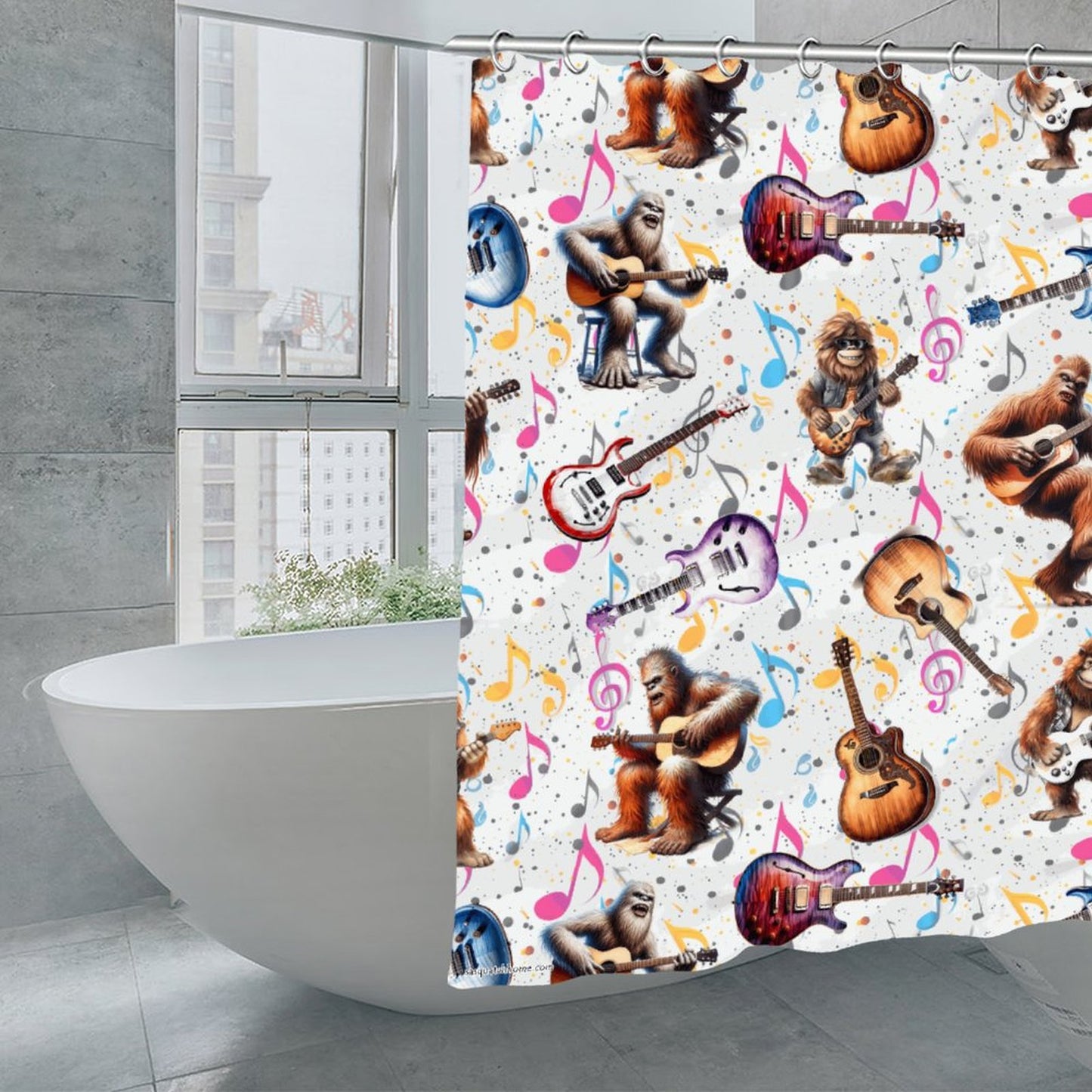 Bigfoot Sasquatch Playing Guitars, Waterproof Polyester Shower Curtain – Made in the USA – 70.8x70.8”