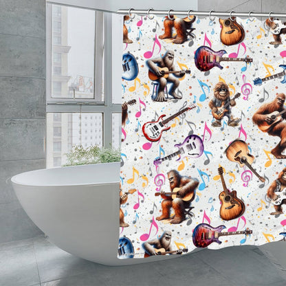 Bigfoot Sasquatch Playing Guitars, Waterproof Polyester Shower Curtain – Made in the USA – 70.8x70.8”