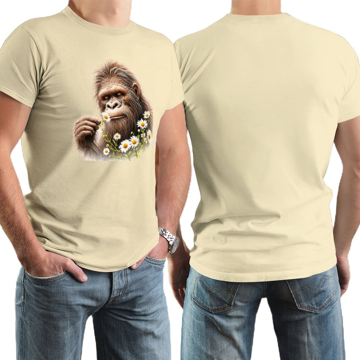 Bigfoot, Sasquatch, Daisies, Short Sleeve Cotton T-shirt