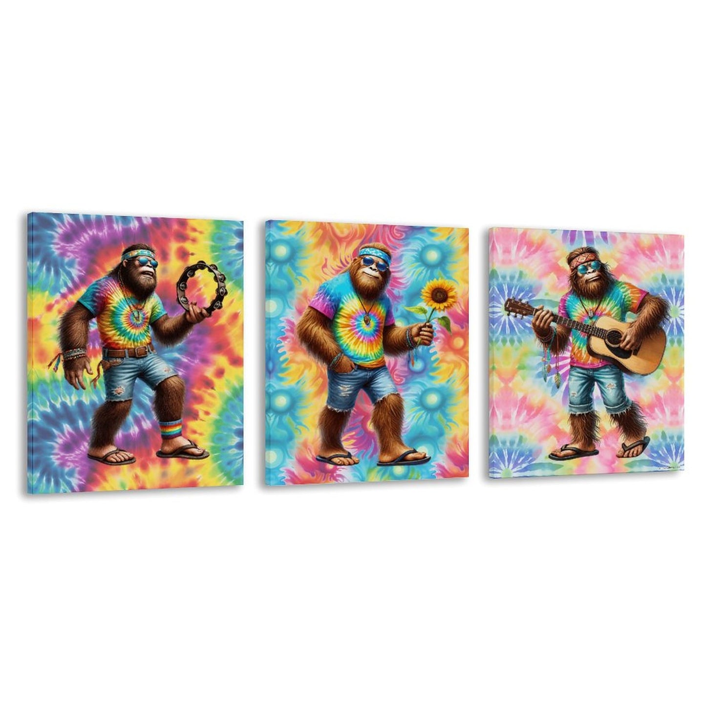 HIppie Bigfoot Sasquatch Canvas Wall Art - 12”x 16” or 18”x24” (x 3) - Made In USA