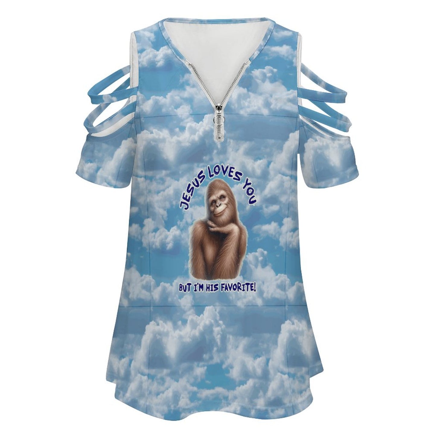 Bigfoot Sasquatch "Jesus loves you..", Women's Custom Zipper T-Shirts, Blouse, Top