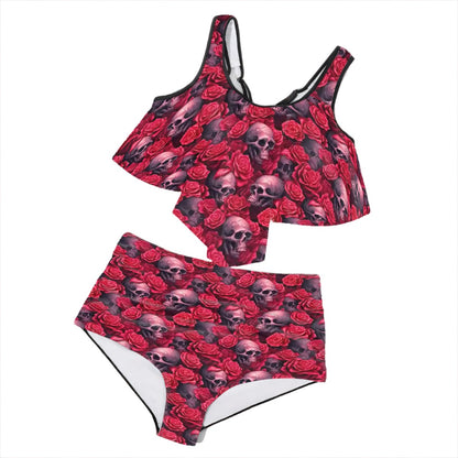 Skulls and Roses, Plus Size Women Bikini Flowy, Ruffle Top Swimsuit