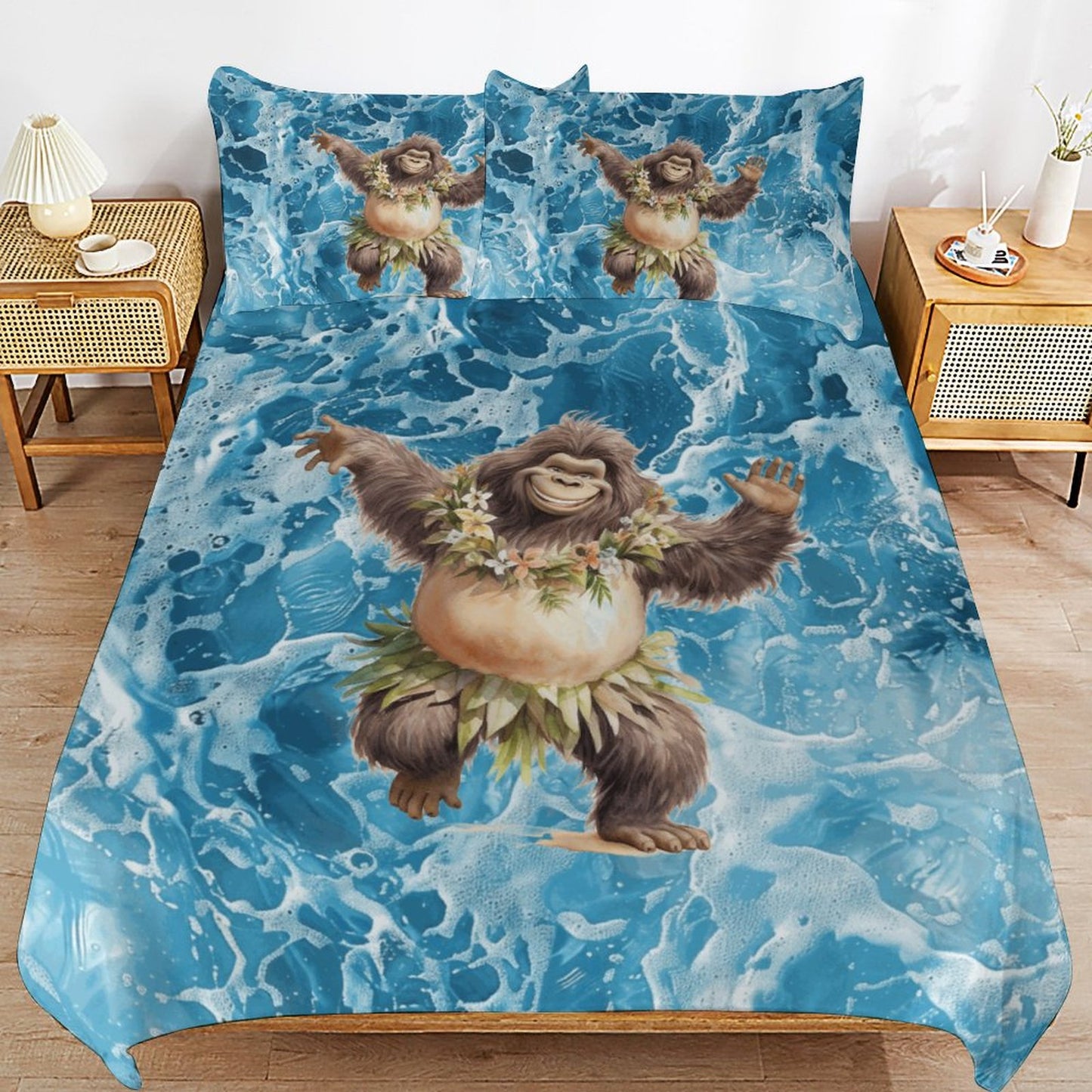 Sasquatch Hula On the Beach 3-Piece Bedding Set-90"x90"/ 229x229cm (Dual-sided Printing)