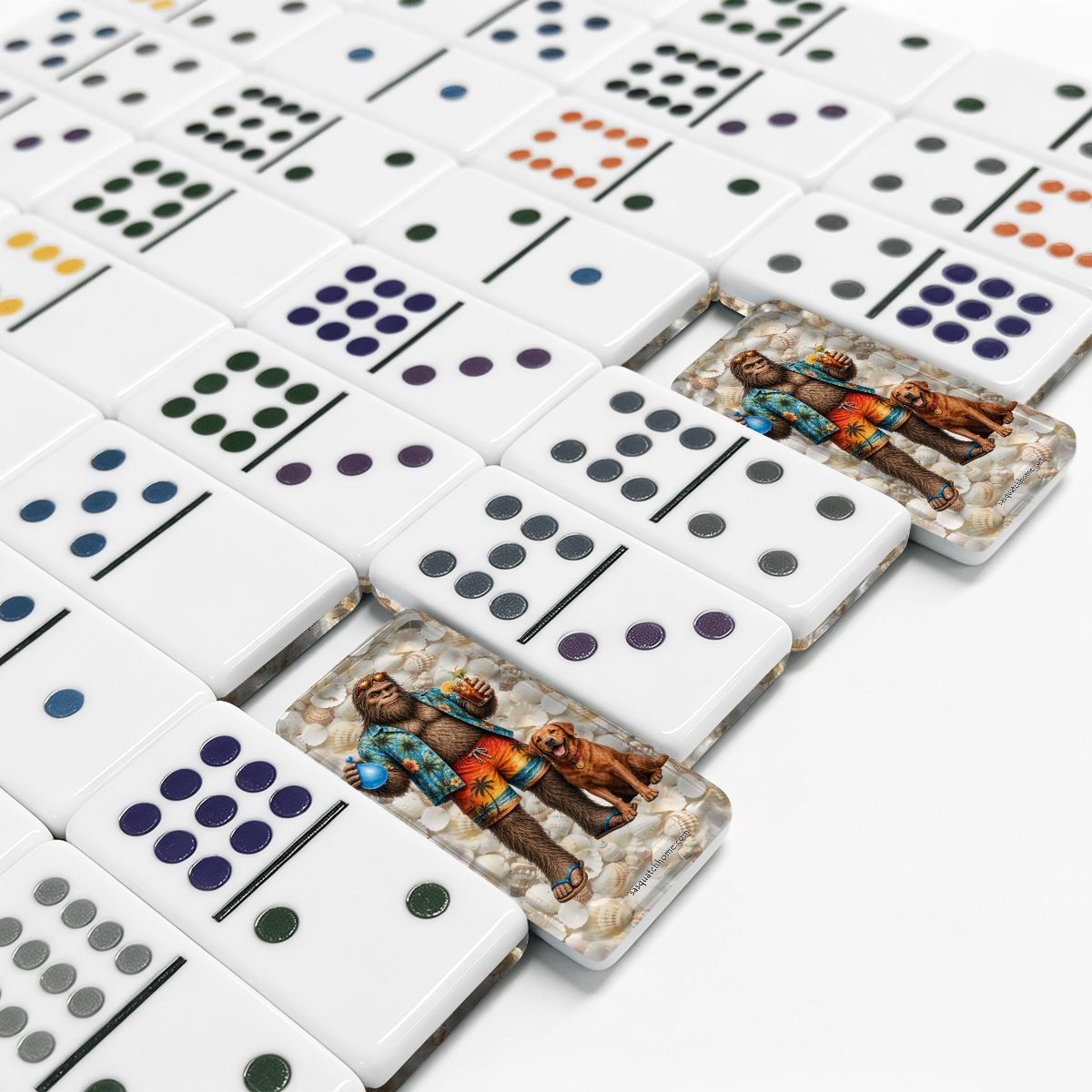Bigfoot & Dog at Beach Double 12 Mexican Train Dominoes Set