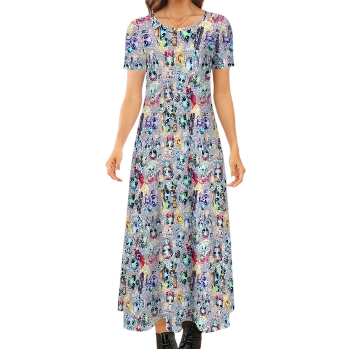 6 Alien Designs, Crew Neck Short Sleeve Maxi Dress