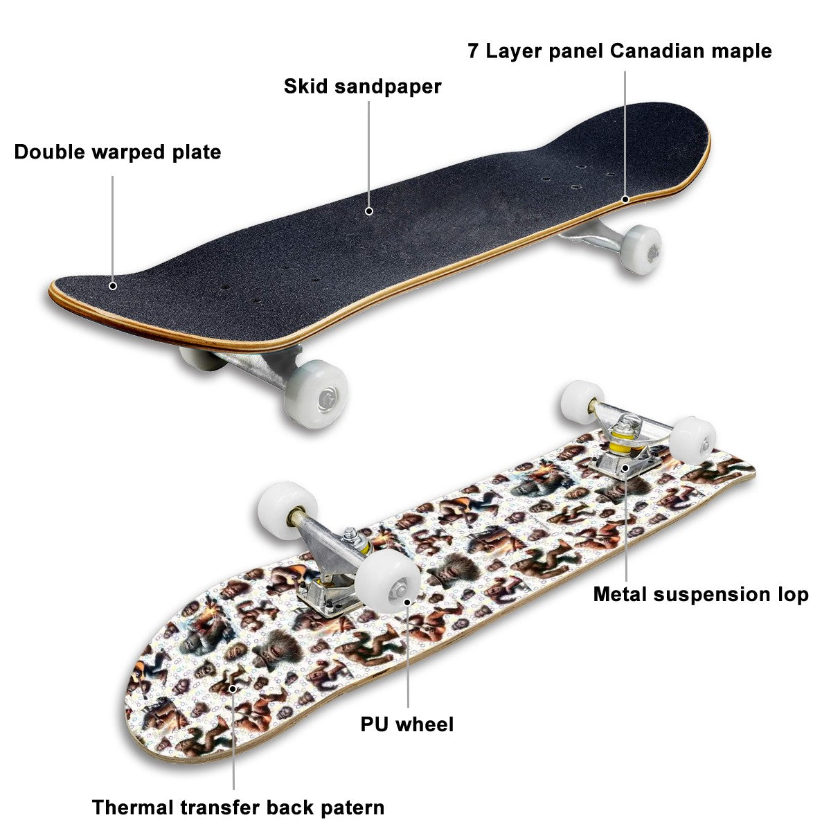 20 Sasquatch Designs, High Density 7 Layer Skateboard, Made In USA