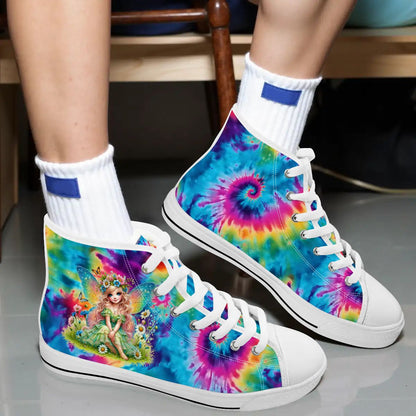 Fairies on Tie Dye, Women's High Top Canvas Shoes