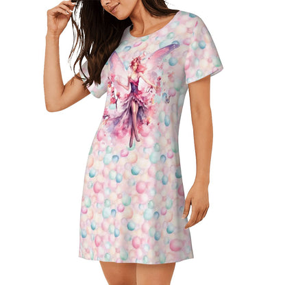 Pink Fairy on Bubbles, Women’s Loose Fit Short Sleeve Night Gown