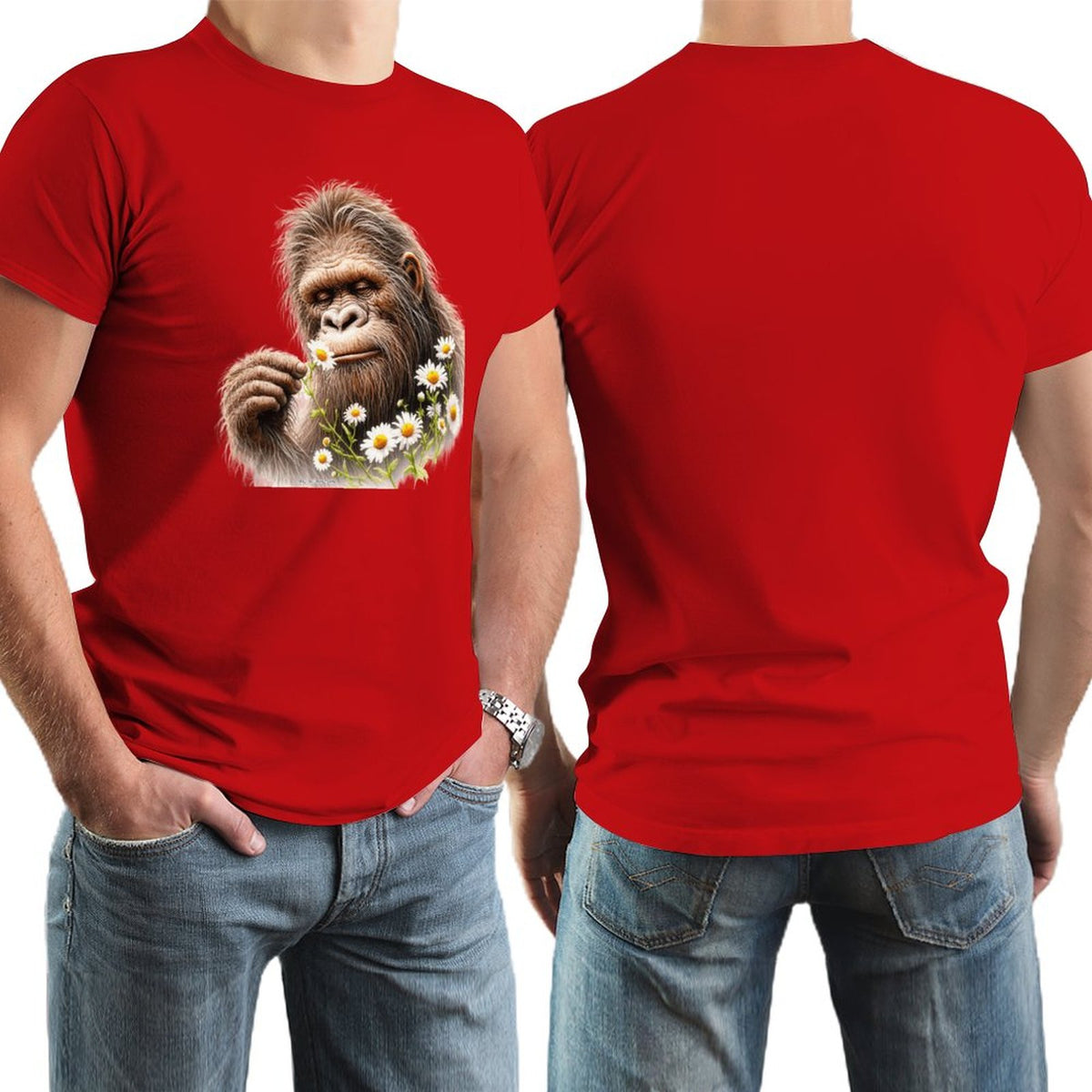 Bigfoot, Sasquatch, Daisies, Short Sleeve Cotton T-shirt