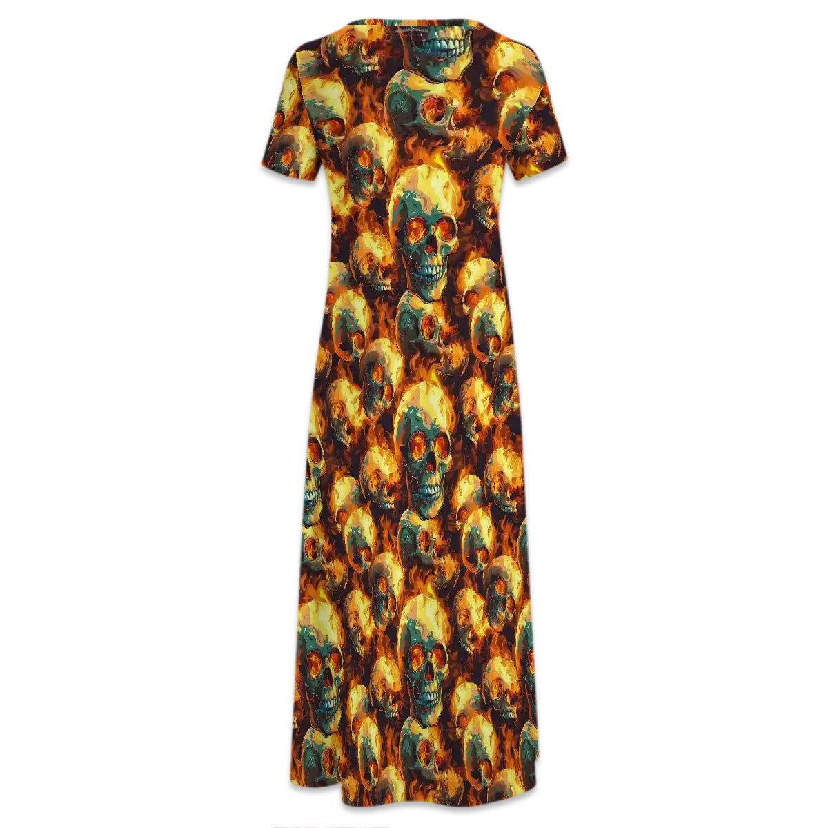 Fire & Skulls Crew Neck Short Sleeve Maxi Dress