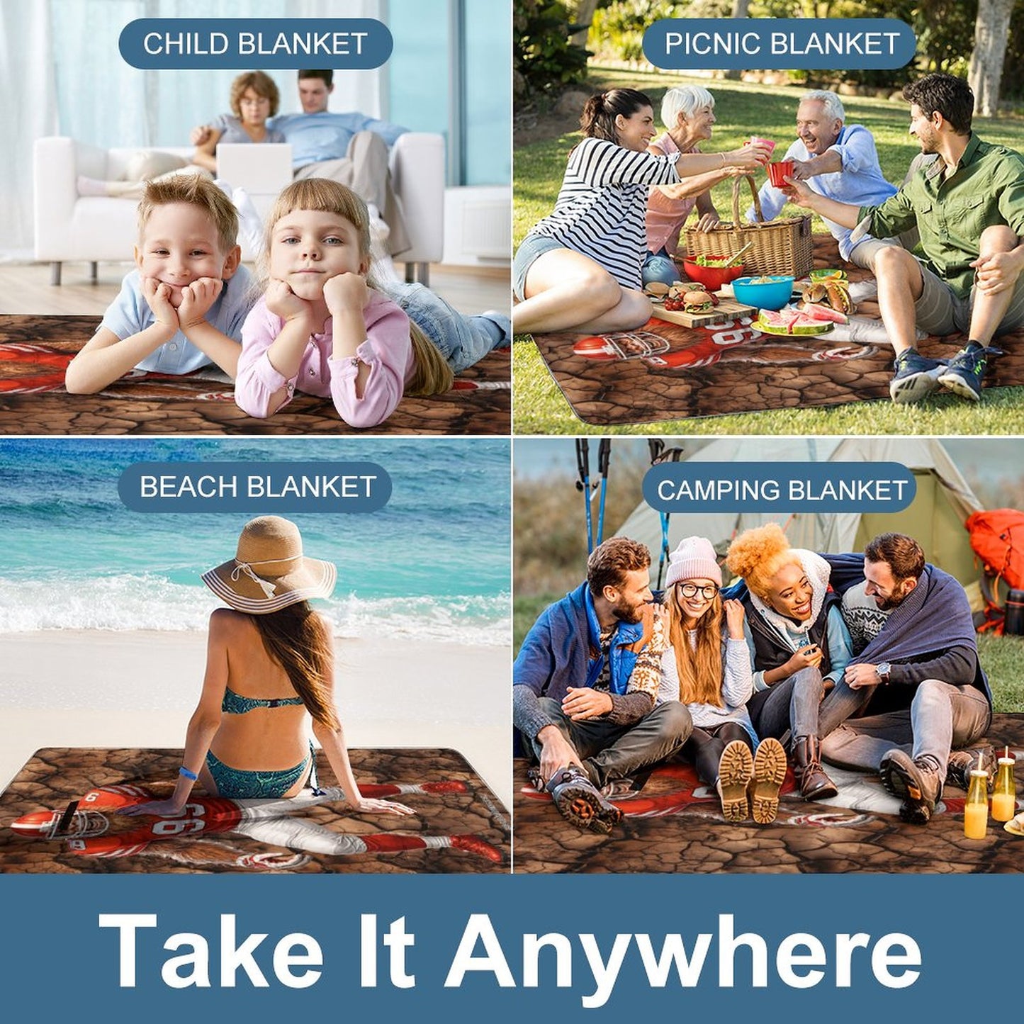 Foldable Zipper Picnic Mat- Blanket 58”x58” w/ Carry Straps