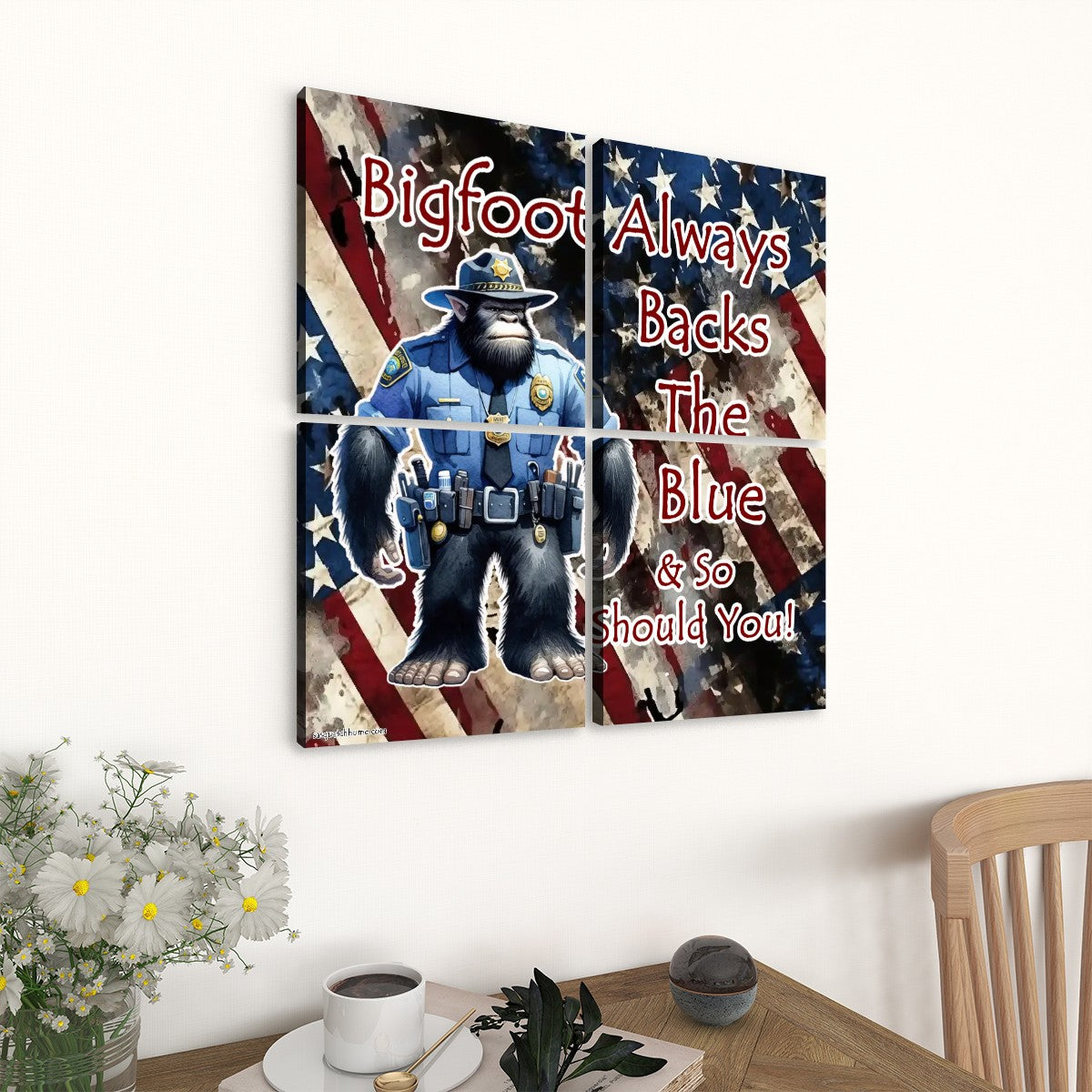 "Bigfoot Backs The Blue" 4 Panels Canvas Prints Wall Art (Set A)